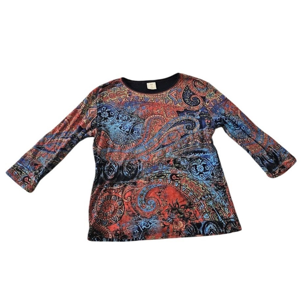 Jess & Jane Paisley Rhinestone 3/4 Sleeve Top Multicolor Knit Women Small Artsy